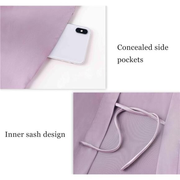 Satin Kimono Robe Long Silky Bathrobe with Ostrich Feather Trim - Picture 6 of 8